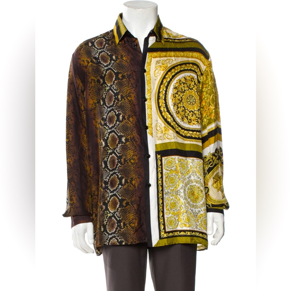 Versace Men's Button Down Long Sleeve Mixed Print Silk Shirt